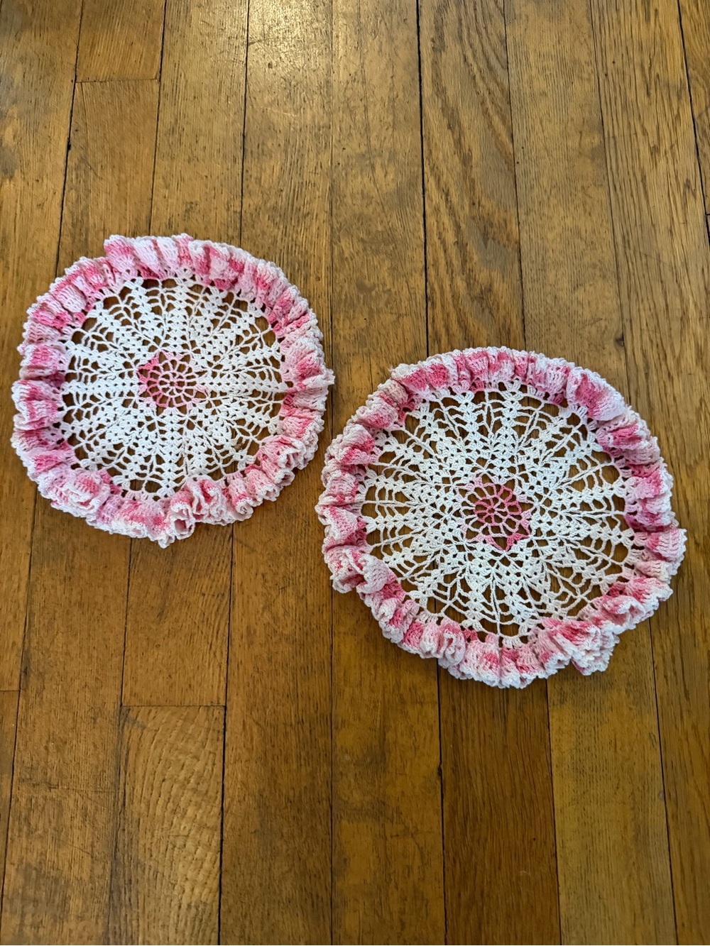 Handmade White and Pink Crochet Doilies - Set of 2